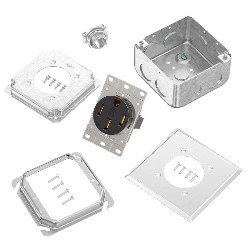 HYDUUU NEMA 14-50 240V Range Outlet Box Installation Kit ETL 4-Prong 50A RV Receptacle UL 4" 2-Gang Metal Electrical Box Plaster Ring Surface Flush Mount Exposed Work Cover Faceplate Clamp Connector - Image 4